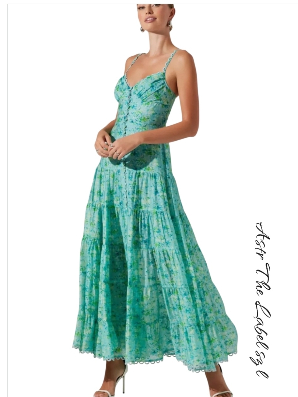 ASTR the Label Tazia Green Blue Floral Button Up Tiered Maxi Dress L